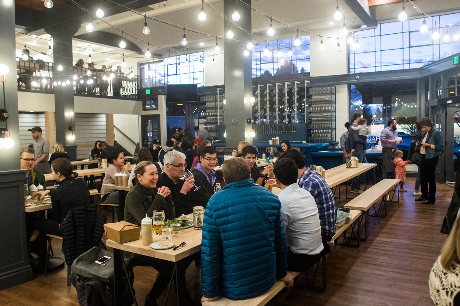 K Inside Wursthall San Mateo S Newest And Vegan Conscious Bierhaus Diners Sit At Long Wooden Communal Tables Echoes Of A German Beer Hall Wursthall In San Mateo Photo By Veronica Weber