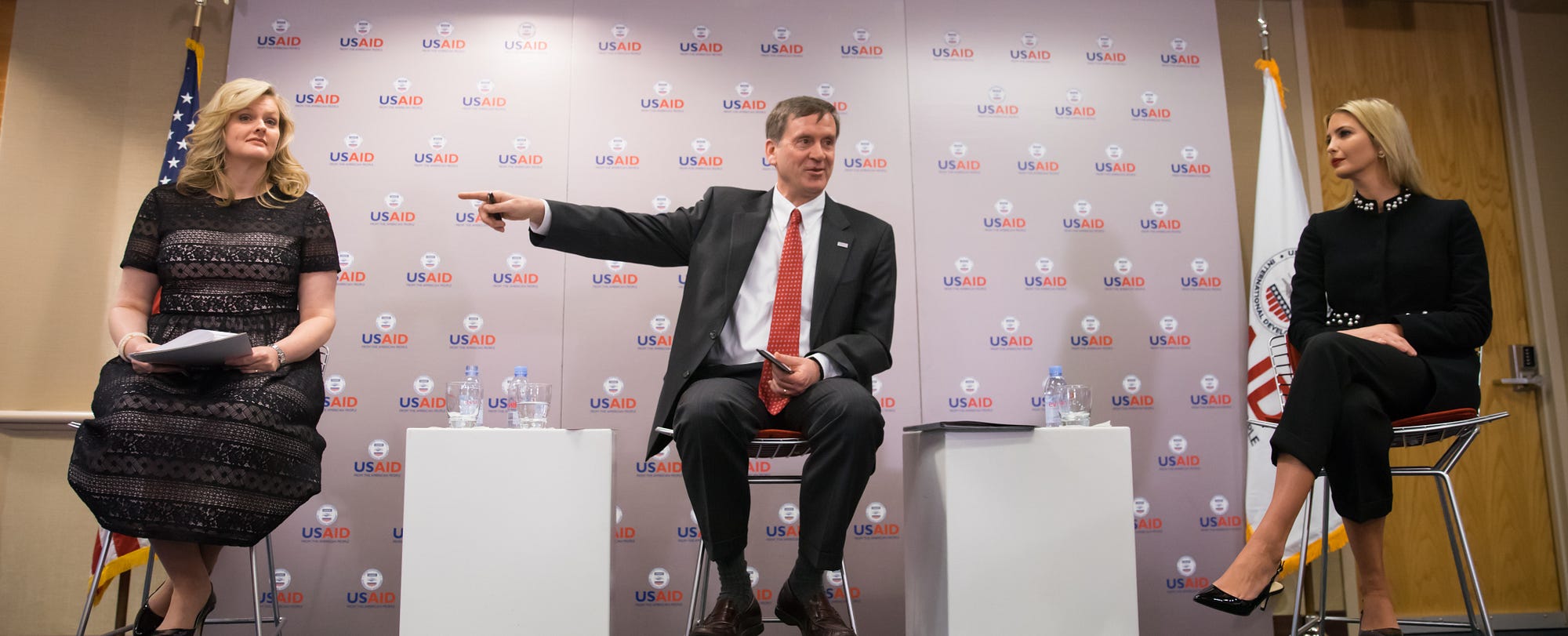 USAID Administrator Mark Green, center, speaks during last month’s kickoff for the WomenConnect Challenge at USAID’s headquarters in Washington. Alongside him are Michelle Bekkering, senior coordinator for Gender Equality and Women’s Empowerment at USAID, and Advisor to the President Ivanka Trump. / Patrick O’Connor, USAID