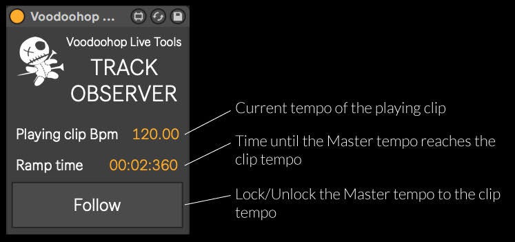 The Track Observer is placed on each track which is going to be monitored by the Voodoohop Live Tools. The application window should show the waveforms and harmonies of the track’s playing clips. By clicking follow Live is instructed to follow the tempo changes of the clips on that specific track.