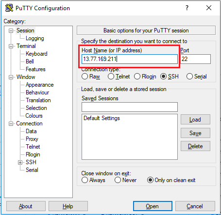 PuTTY configuration screen.
