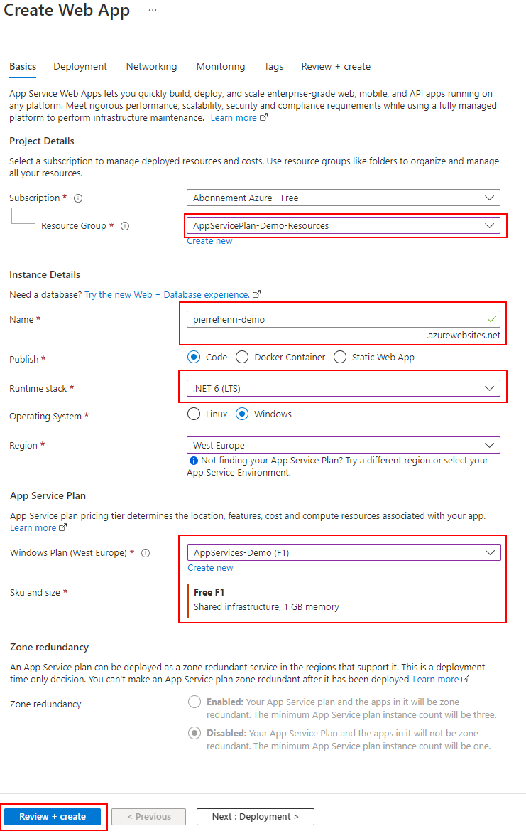 Select the **Plan **previously created, choose the **URL **you want, then Review+ create and Create