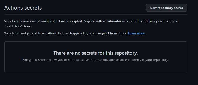 No secrets for this repository so far. Click **New repository secret** for adding the authentication token for the private NPM repository.