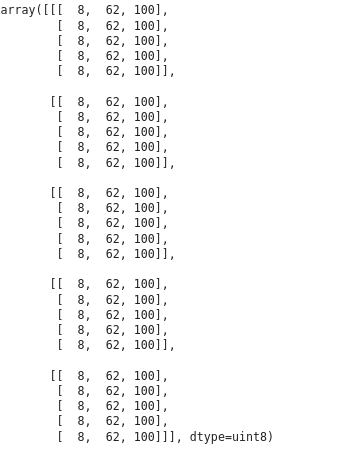 This is a numpy array, of the first 5 rows and columns in the image.