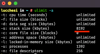 Comando “ulimit -a” para verificar o Stack Size