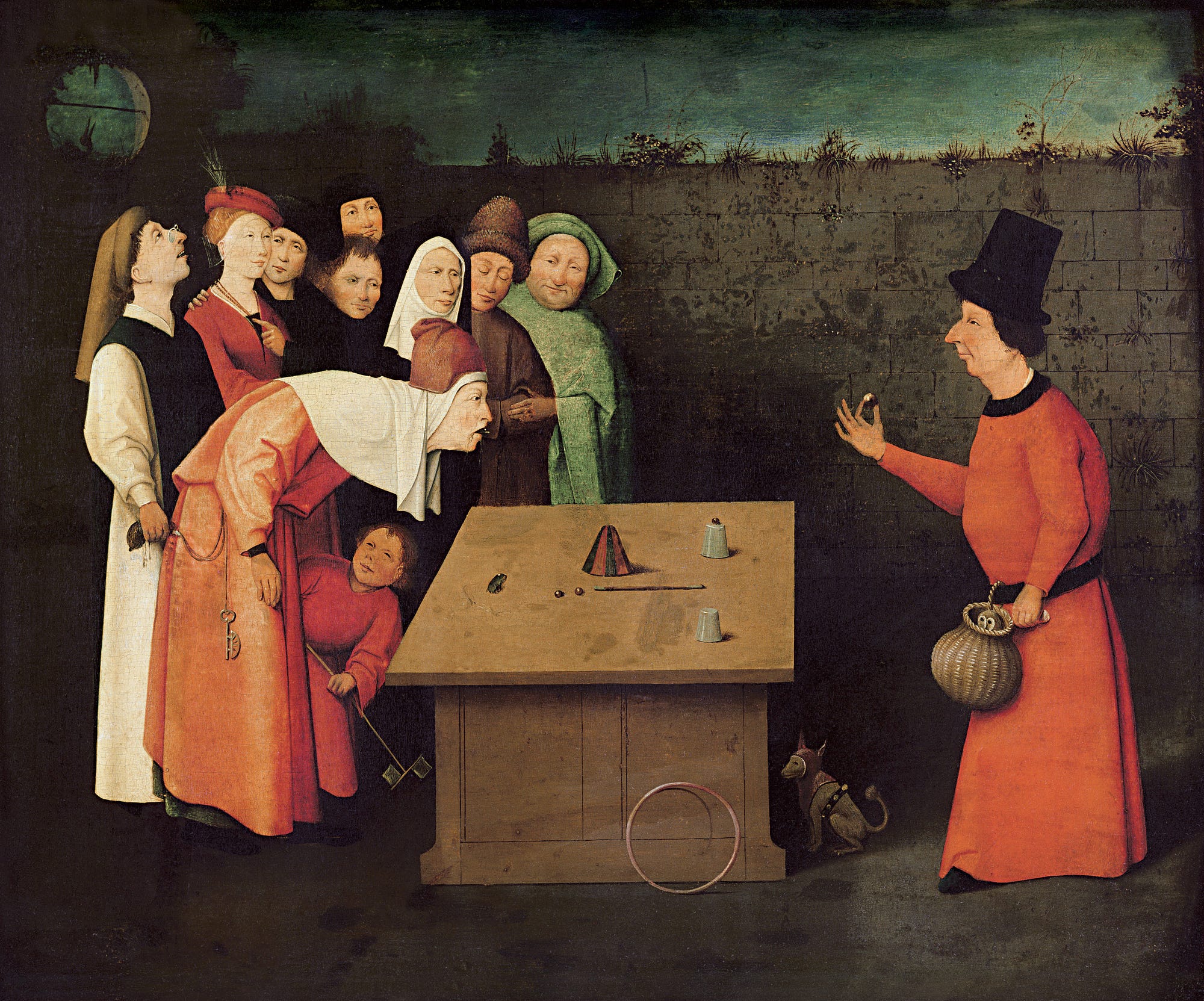A painting by Hieronymus Bosch that depicts what seems to be a magic trick, but is actually fraud and shows how people are fooled by lack of alertness and insight