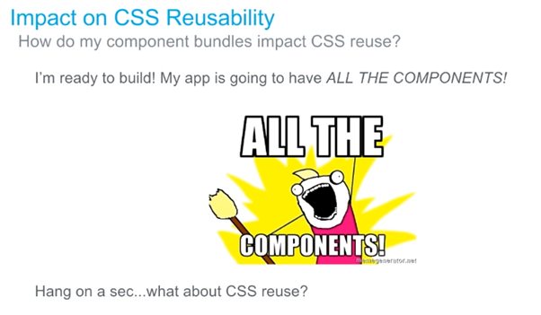 This part of the presentation will answer that question about ‘how to manage low level CSS reuse across your component library?’