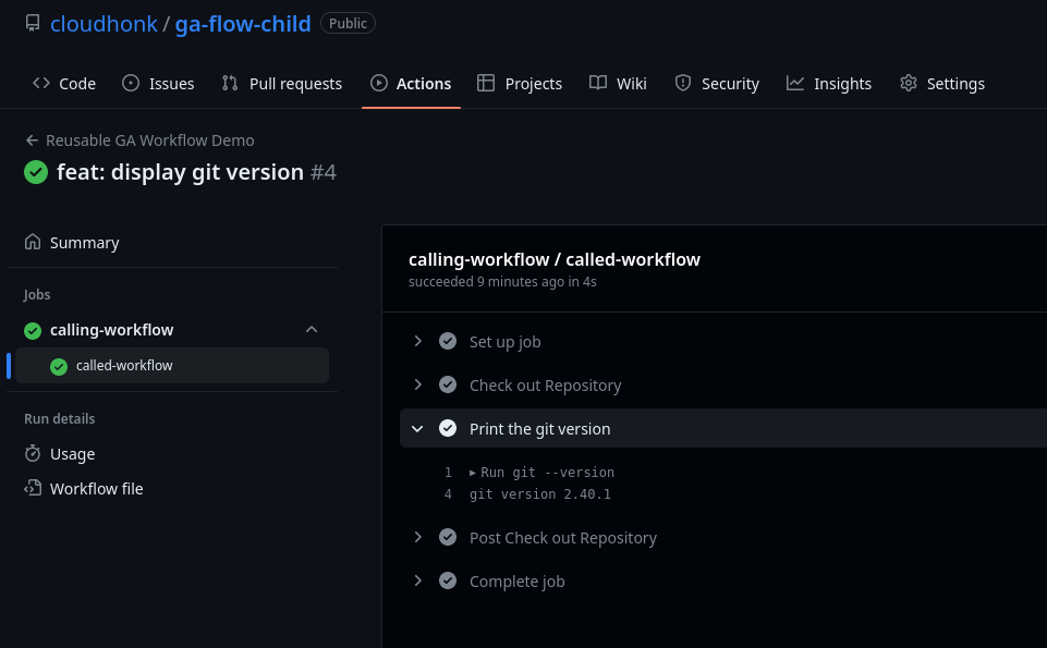 Fig: ga-flow-child repo calling ga-flow-central workflows to print git version