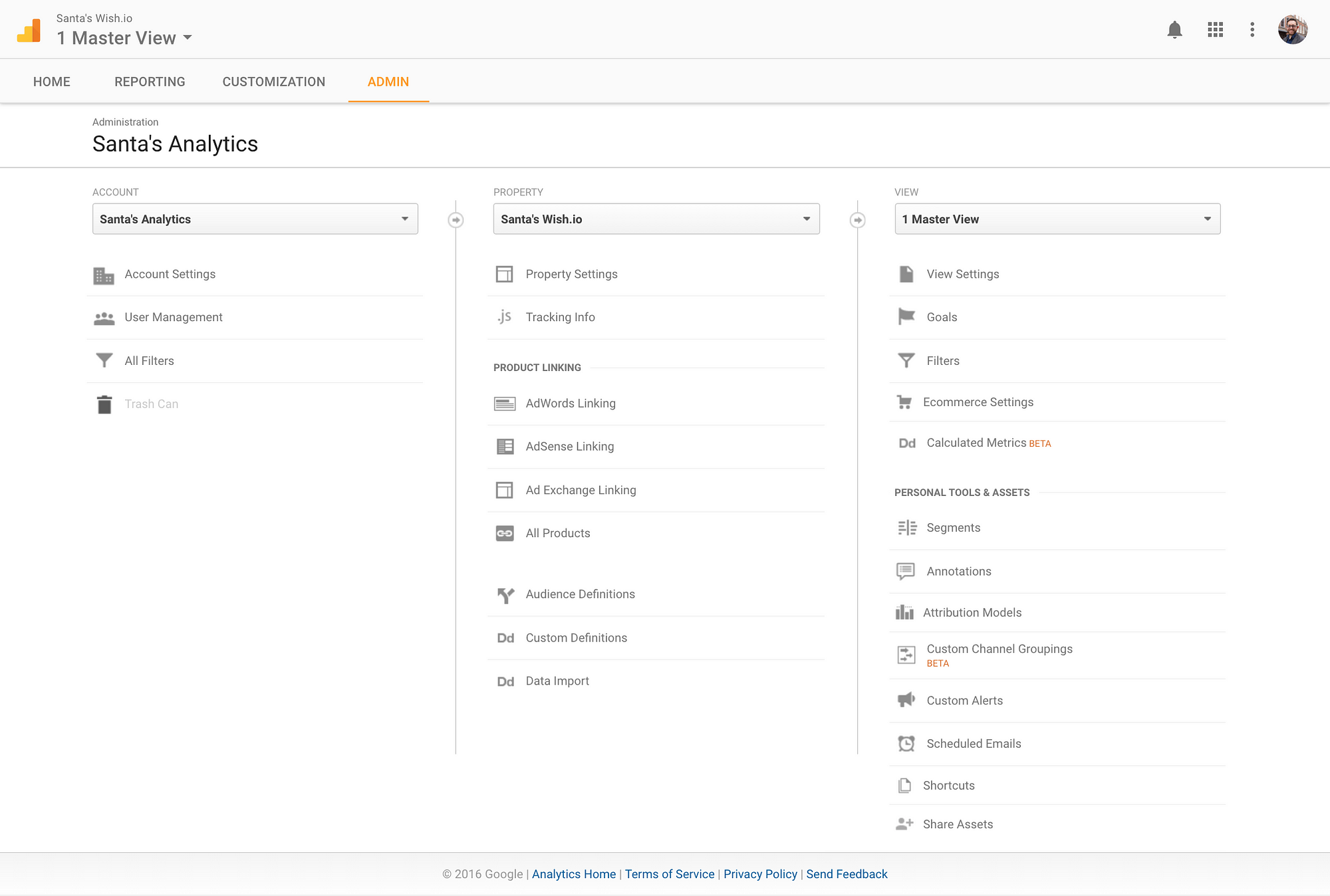 A screenshot of the Admin area of Google Analytics