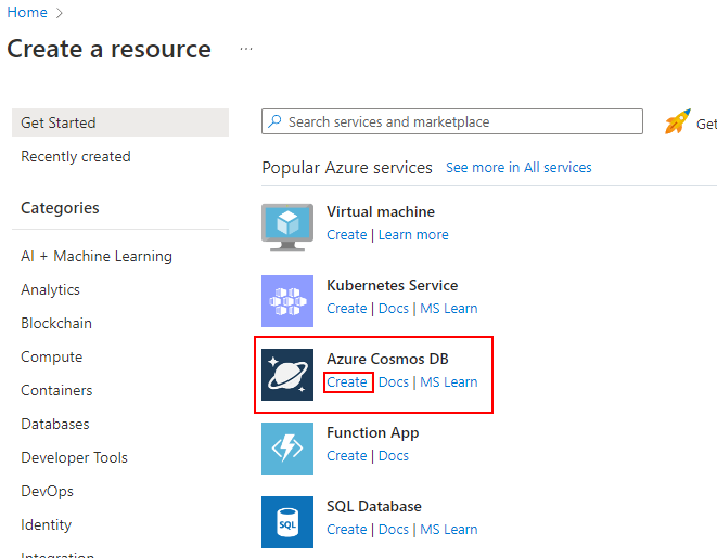 Menu / + Create a resource / Azure Cosmos DB / Create