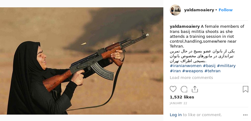 Moayeri’s Instagram post featuring a Basij militia-woman shooting an AK-47 type assault rifle