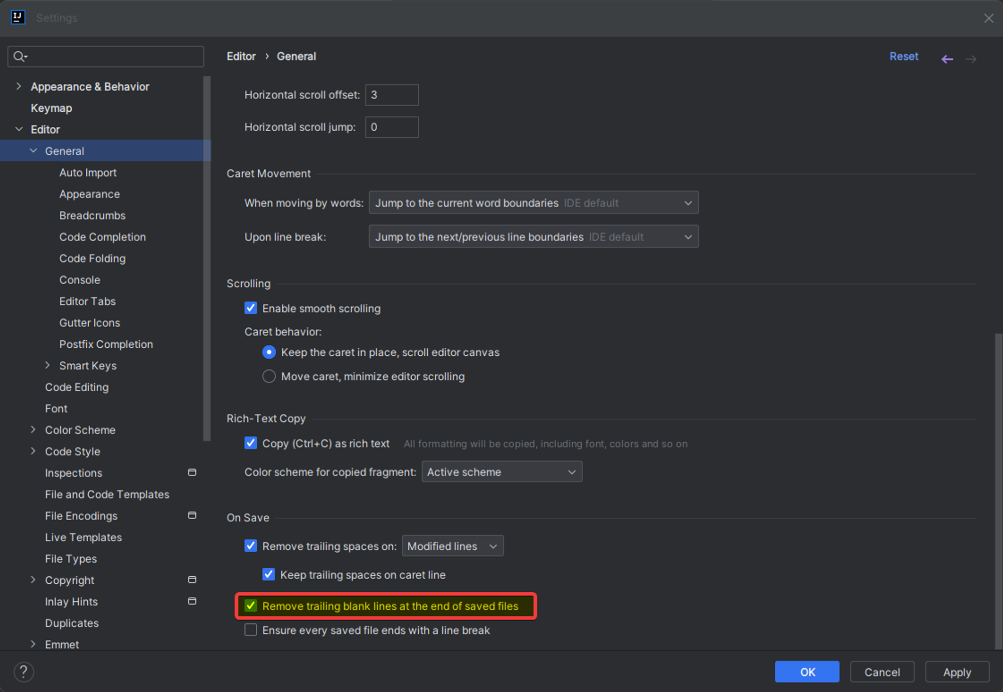 IntelliJ IDEA — Cómo eliminar la última fila en blanco automáticamente