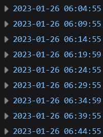 A series of timestamps that are almost 5-minute-aligned: “2023–01–26 06:14:55”, “2023–01–26 06:19:59”, “2023–01–26 06:24:55”, etc.