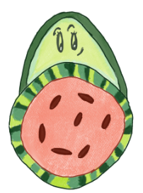 Drawing of a avocado and watermelon, sliced in half, merged together, and the caption, ‘Here is an image of a water-cado nobody asked for’