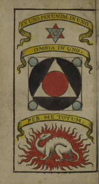 Handcoloured printed image on page of rare book with banners, a geometric ornament in black and red and a plain salamander within red flames.