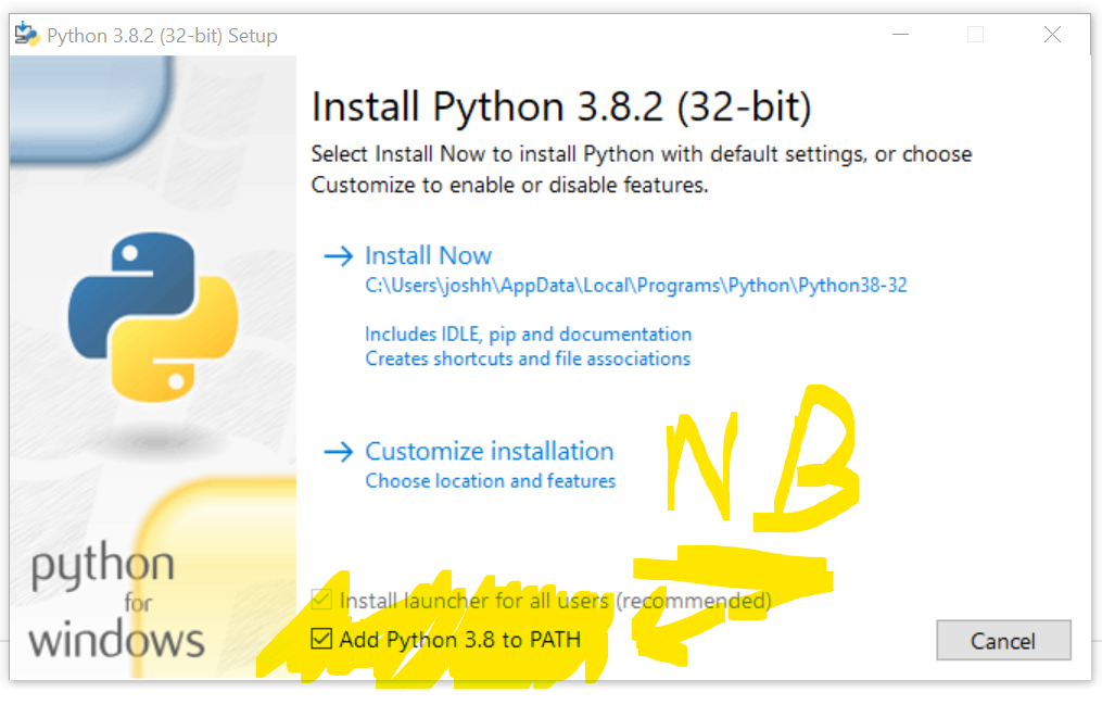 Add Python to PATH. this will help you later — trust me