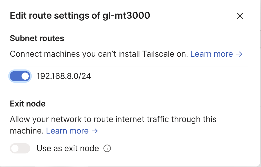 Example GL-iNet router “Edit route settings” page