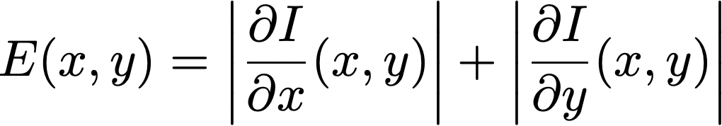 gradient magnitude energy map; I(x, y) — numeric pixel value of image