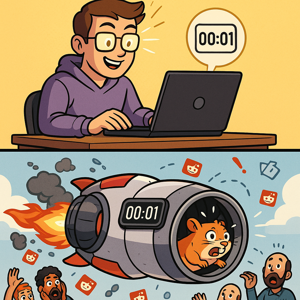 A developer excitedly implements a one-second timer update, leading to chaotic system overload as the timer wreaks havoc. (Generated by gpt-4o)