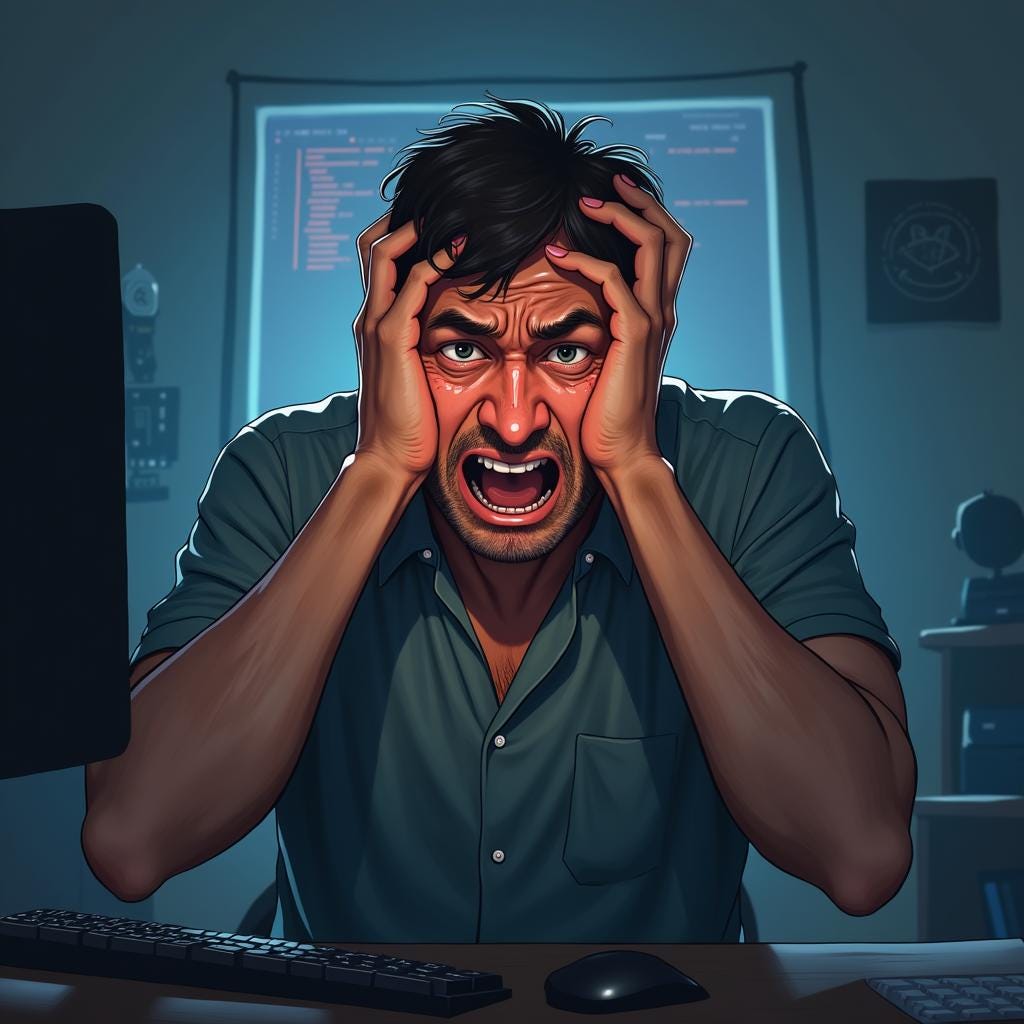 Courtesy of Black Forest Labs FLUX 1.1: “A 2D high-res digital art of a very confused software engineer, sweating, and in panic, having no idea what he is doing.”