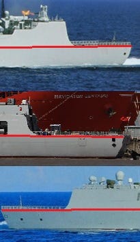 All recent major surface combatants of the Chinese Navy feature a freeboard which begin aft at the same level as the helipad flight deck level: shown from top to bottom are the aft of 052C, 052D, and 054A classes