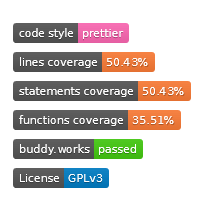 Badges: “code style: prettier” “lines 50.43%”, “statements 50.43%”, “functions 35.51%”, “buddy.works passed”, License: GPL v3