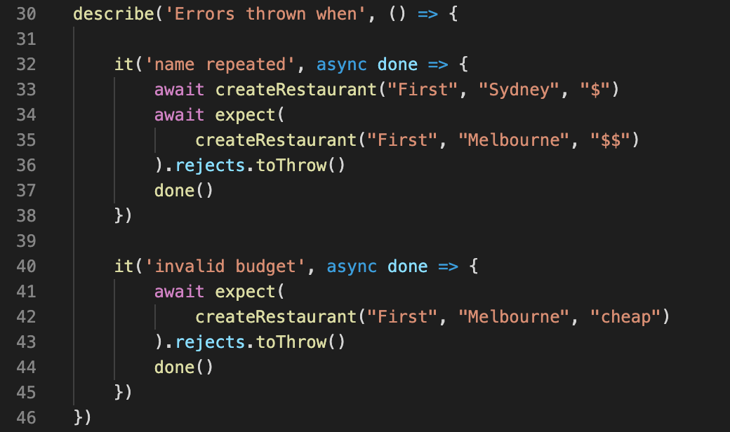 example testing for exceptions in tests/createRestaurant.js