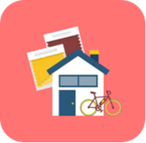 Quick Start: Explore the E-Bikes Sample App Trailhead badge. Pink with white house, red bicycle & yellow and red color charts