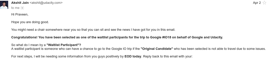 That mail I got from** Akshit Sir **on the behalf of Google I/O