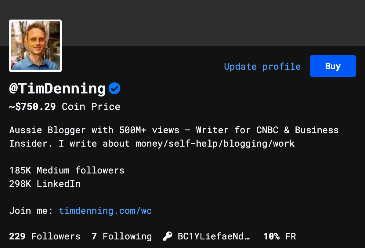 screenshot of tim denning bitclout profile page