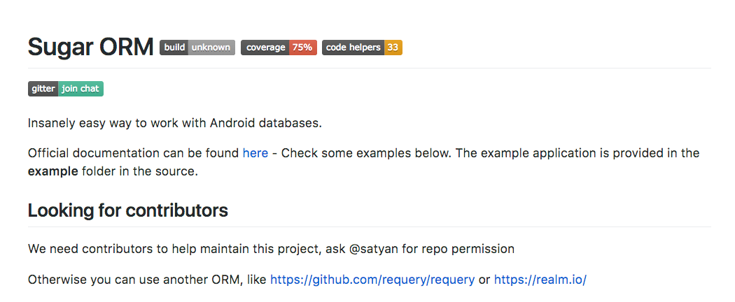Screenshot from SugarORM github. And no, this link is not the official documentation, you are looking the official documentation right now!