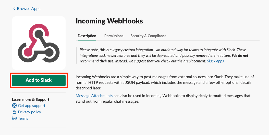 Add Incoming WebHooks App