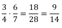 Three-fourths times six-sevenths equals nine-fourteenths.