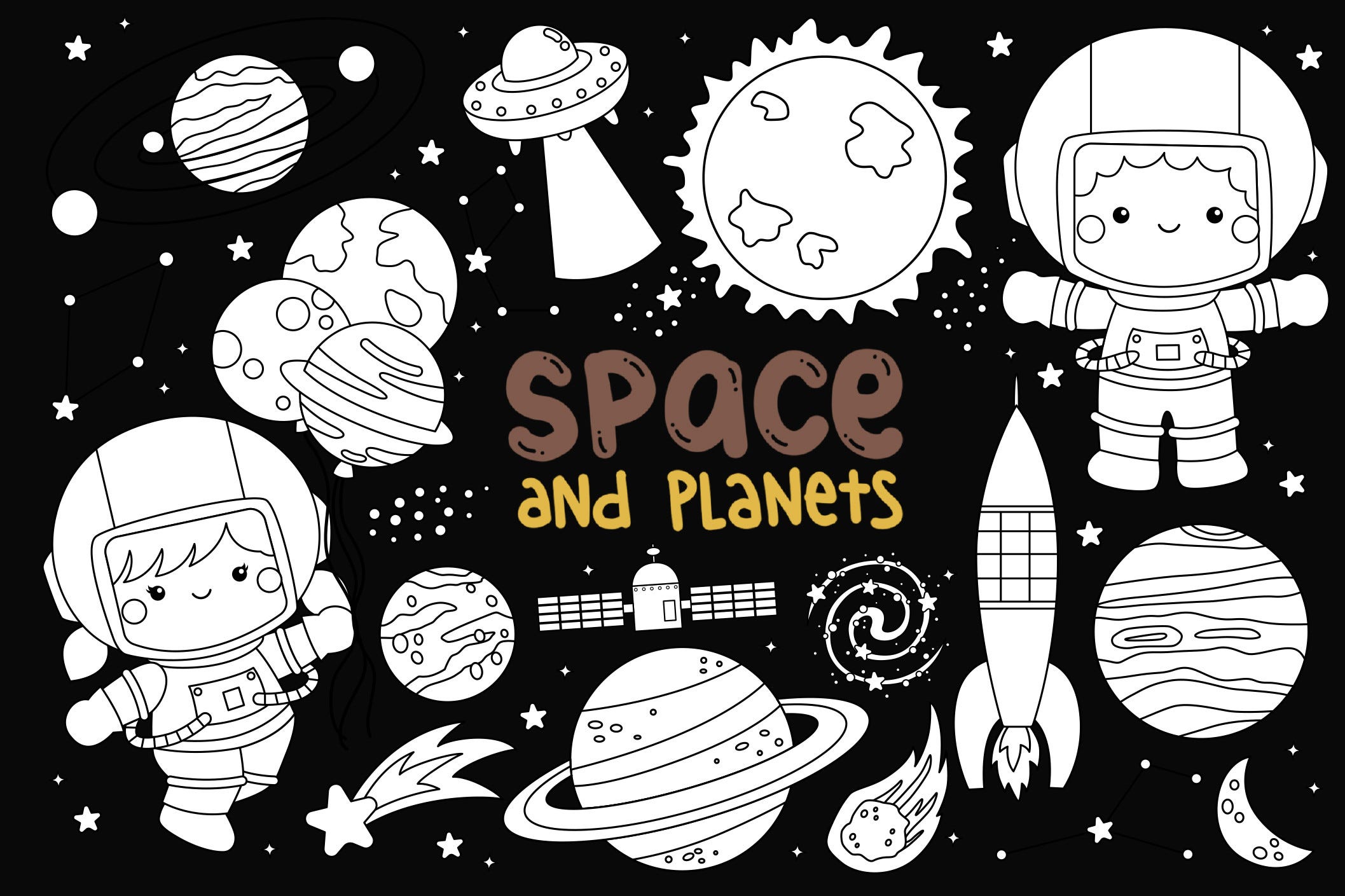 Galaxy and Space Clipart Coloring (Printable Illustrations)