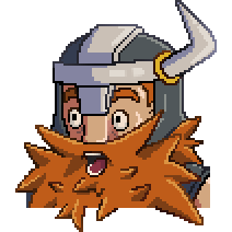 Omar the Dwarf is wearing his one horned helmet with a surprised look on his face.