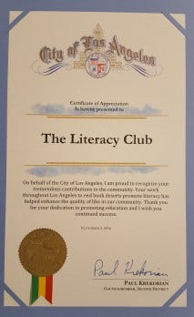 The certificate for the Literacy Club