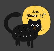 A cartoon image of a black car with big white eyes, standing in front of a yellow moon. The words ‘hello Friday 13th’ are written on the moon.