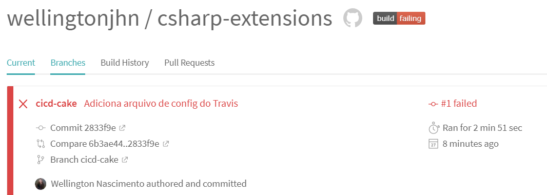 Execução no Travis — failed —