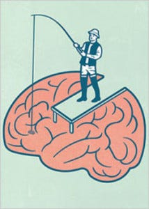 A cartoon man fishing in a lake that is characterized to look like a brain