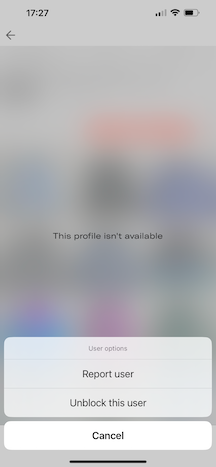 In-app screen showing how a user’s profile looks when they are blocked