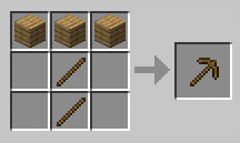 A screenshot of Minecraft’s original crafting UI. On the left: a 3-by-3 “input” grid for crafting ingredients; on the right: an “ouput” slot containing a pickaxe.