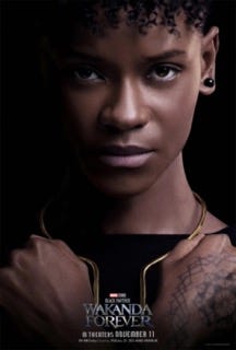 Letitia Wright as Princess Shuri in black attire against a black background. The text says “Black Panther: Wakanda Forever” and “In theaters November 11”.