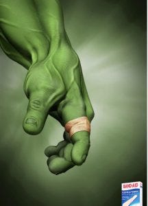 A picture of Hulk’s (comic character) hand with a bandage on it.