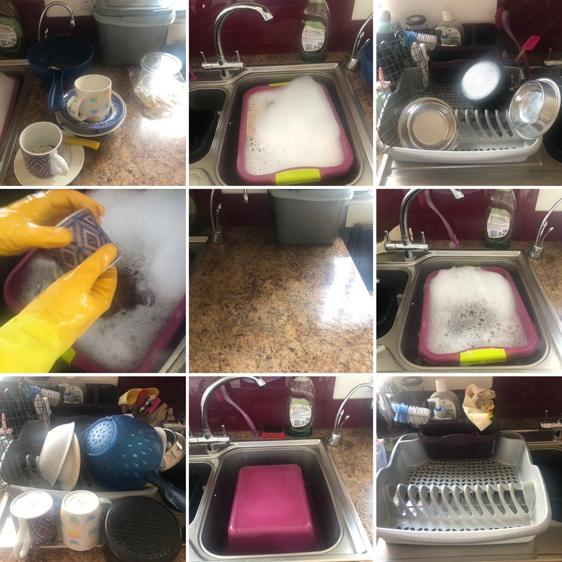 9 photos of whole process of washing up