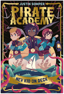 Jasmine, Jacoby, and Neo, lead characters, pose on the front cover. Pirate Academy is picked out in gold above them, and New Kid On Deck is below in a golden banner. Across the centre, in a seascape scene, a Pirate Academy two-masted small training boat with white sails and the academy logo is sailing right to left. To either side, shadow-like against a dusty pink sky the outline of two much bigger ships can be seen. Red octopus tentacles weave around the lower book edge & banner.