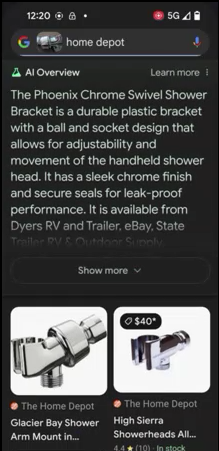 An AI Overview displays information for a shower mount.