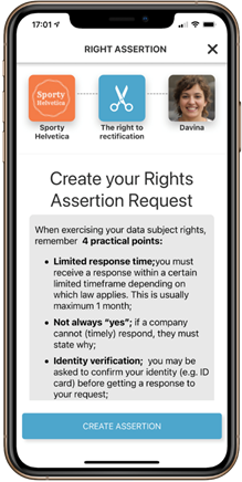 Screen of Profila’s mobile app showing how to create a rights assertion request