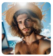 Christopher Hüneke, Young man with a summer hat and a mobile phone, long, blonde, curly hair, at the beach. sea in background. Profile image