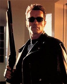 Arnold Schwarzenegger as the Terminator in
 Terminator 2: Judgment Day (1991)