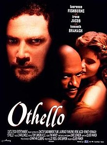 Poster for the 1995 film Othello with Iago’s face on the left corner and Otherllo and Desdemona on the bottom right corner.