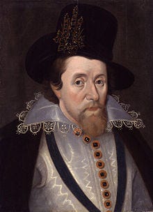 A portrait showing King James VI, a bearded man in a large black hat, a high embroidered white collar, and an elaborate white shirt with golden buttons and a black cloak.